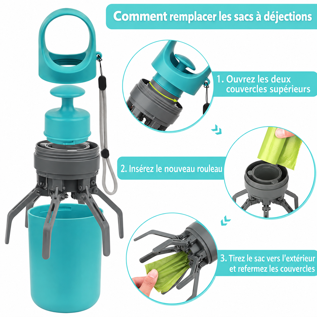 Ramasse-crottes à pince avec distributeur de sacs intégré