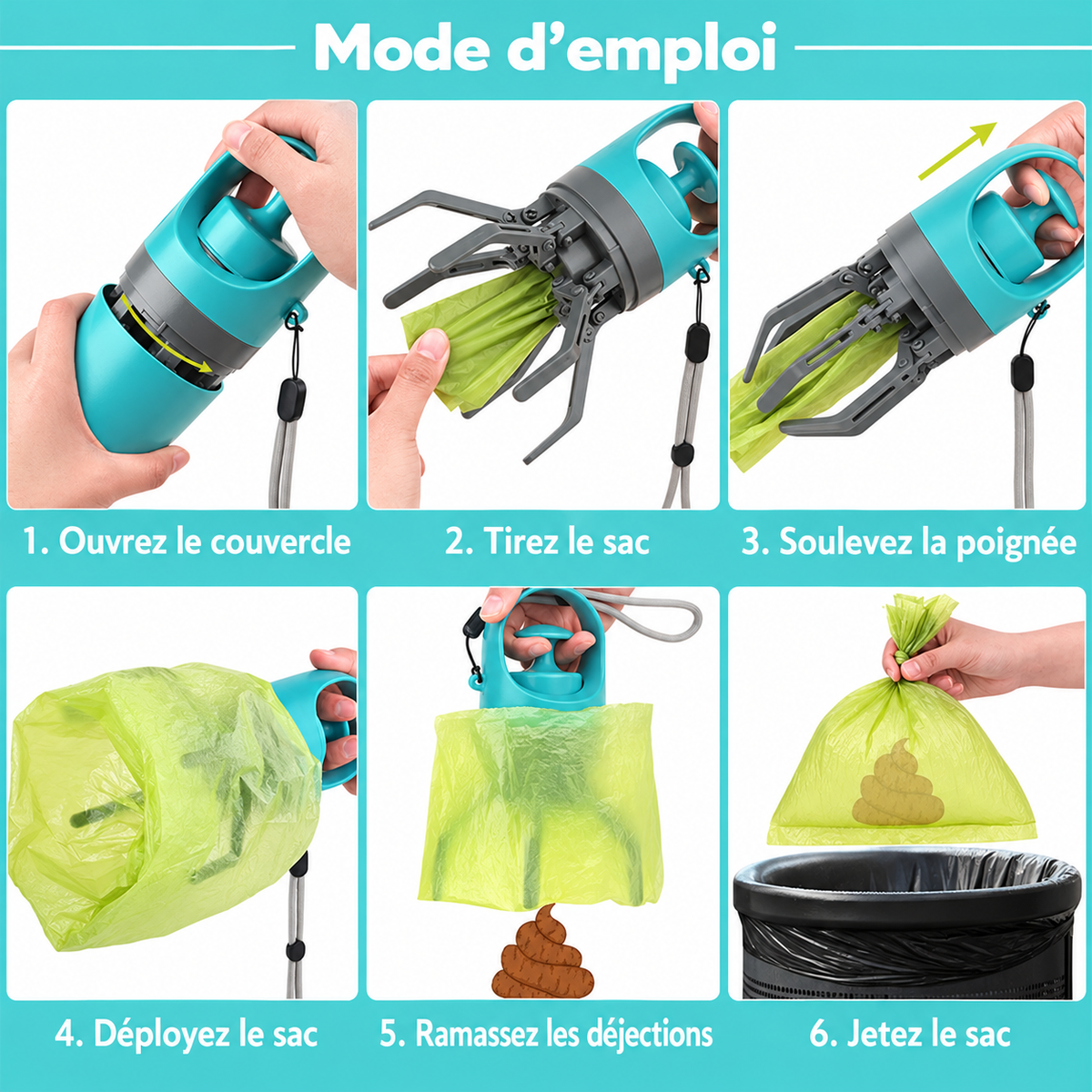 Ramasse-crottes à pince avec distributeur de sacs intégré