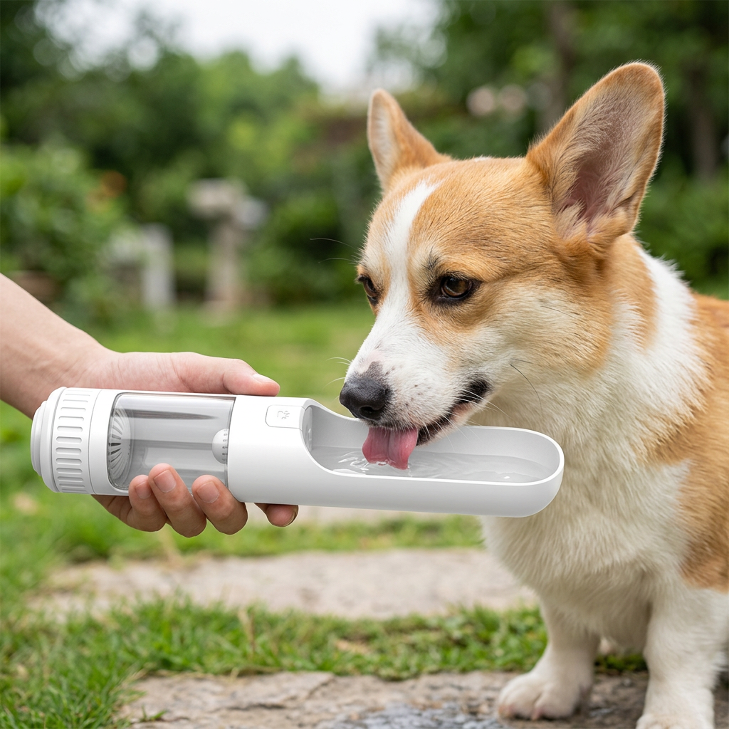 Chien buvant dans la gourde blanche