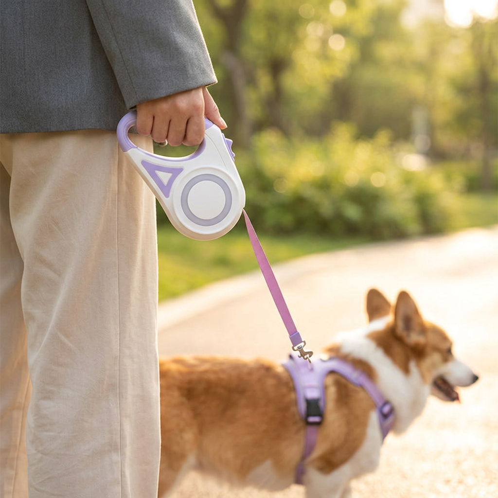 Promenade avec un corgi et la laisse enrouleur LED