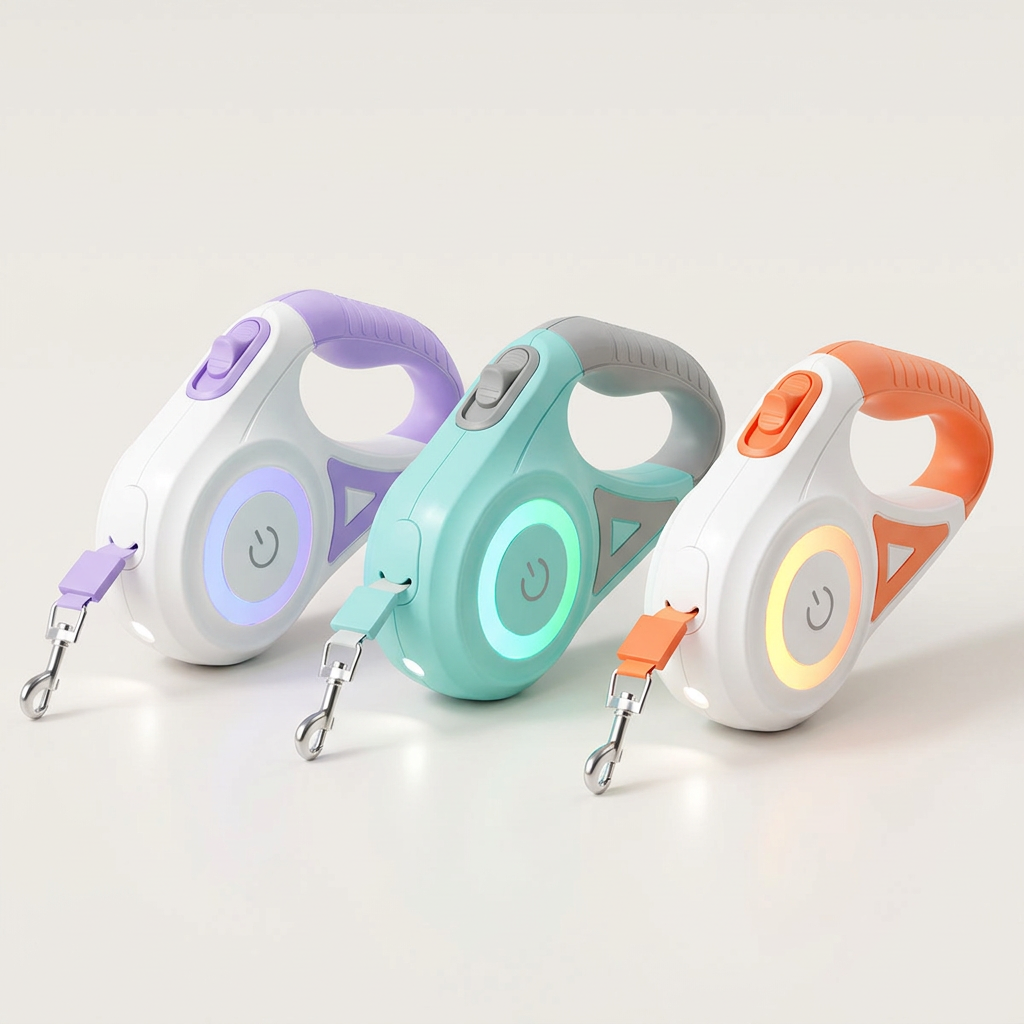 Laisse enrouleur LED, présentation des trois coloris