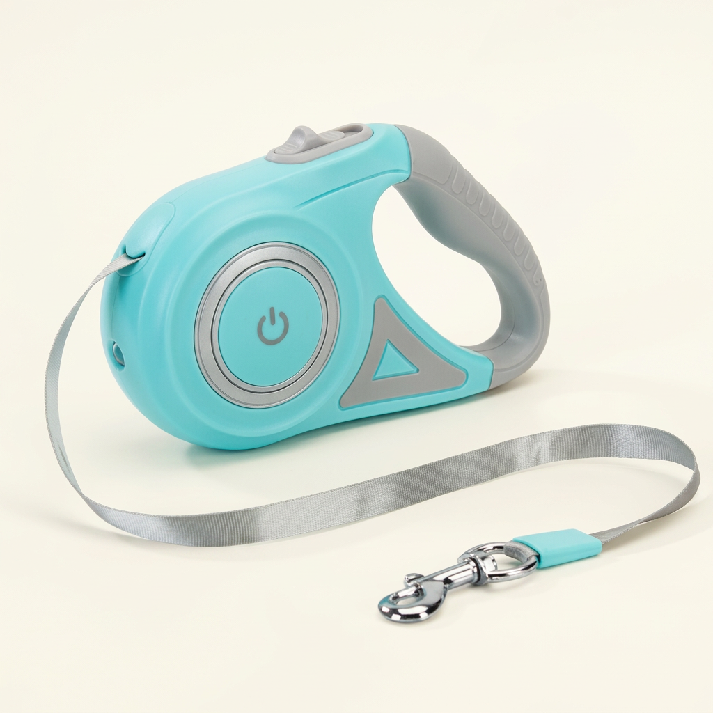Laisse enrouleur LED turquoise et grise