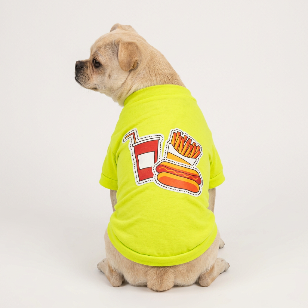 Modèle jaune-vert porté par un petit chien