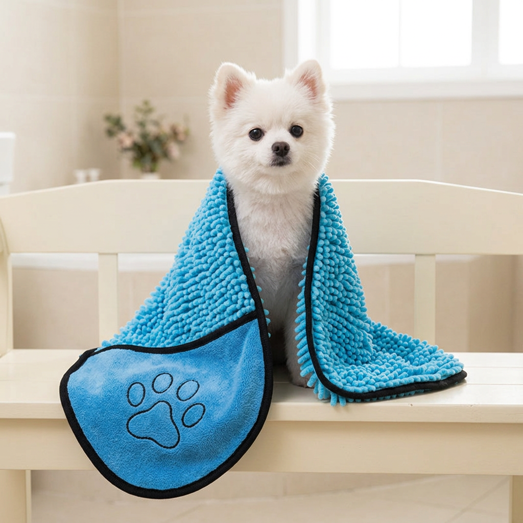 Serviette bleue autour d’un petit chien blanc