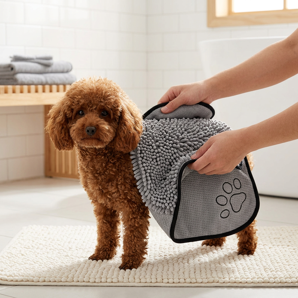 Serviette grise utilisée pour sécher un chien