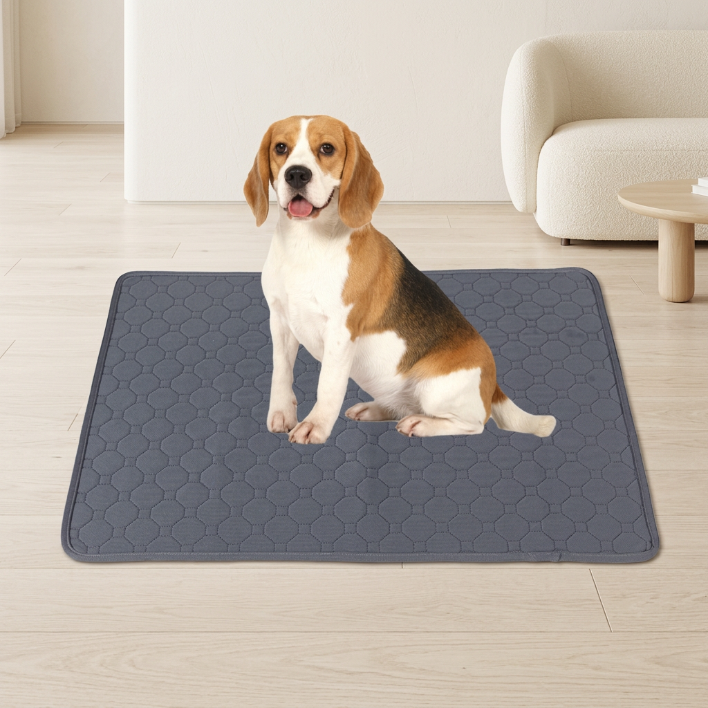 Tapis gris avec un beagle dans un salon